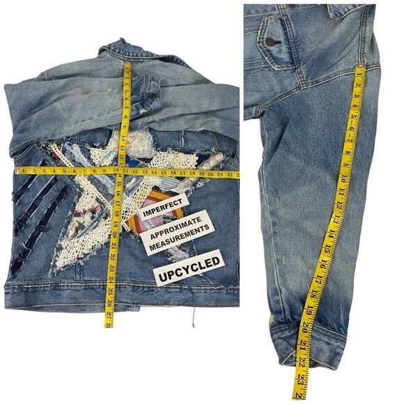 Upcycled Denim Jacket Womens Large Star Boho Grunge Patchwork Folk Art Coachella - Picture 2 of 14
